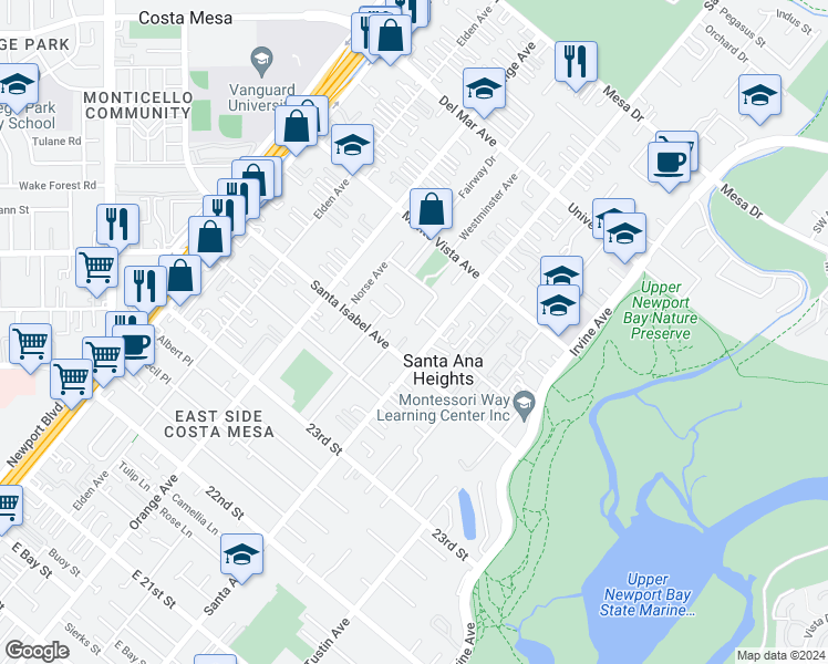 map of restaurants, bars, coffee shops, grocery stores, and more near 281 Brentwood Place in Costa Mesa