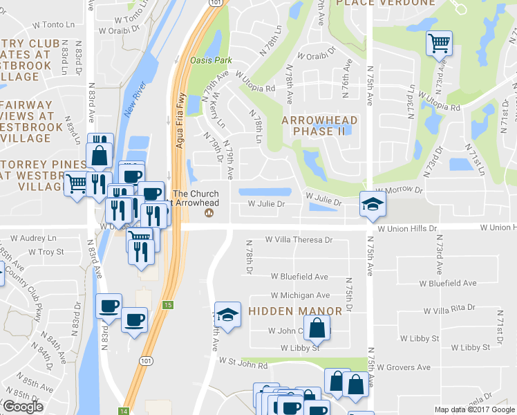 map of restaurants, bars, coffee shops, grocery stores, and more near 7811 West Julie Drive in Glendale