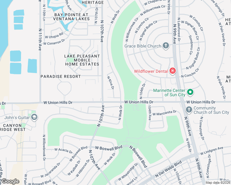 map of restaurants, bars, coffee shops, grocery stores, and more near 10617 West Aztec Court in Sun City