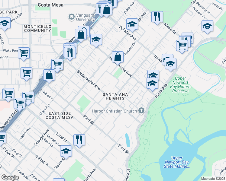 map of restaurants, bars, coffee shops, grocery stores, and more near 281 Brentwood Place in Costa Mesa