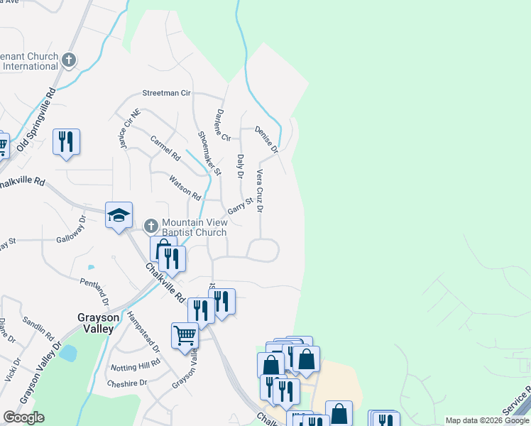 map of restaurants, bars, coffee shops, grocery stores, and more near 2495 Vera Cruz Drive in Birmingham