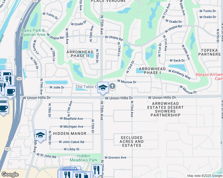 map of restaurants, bars, coffee shops, grocery stores, and more near 7490 West Union Hills Drive in Glendale