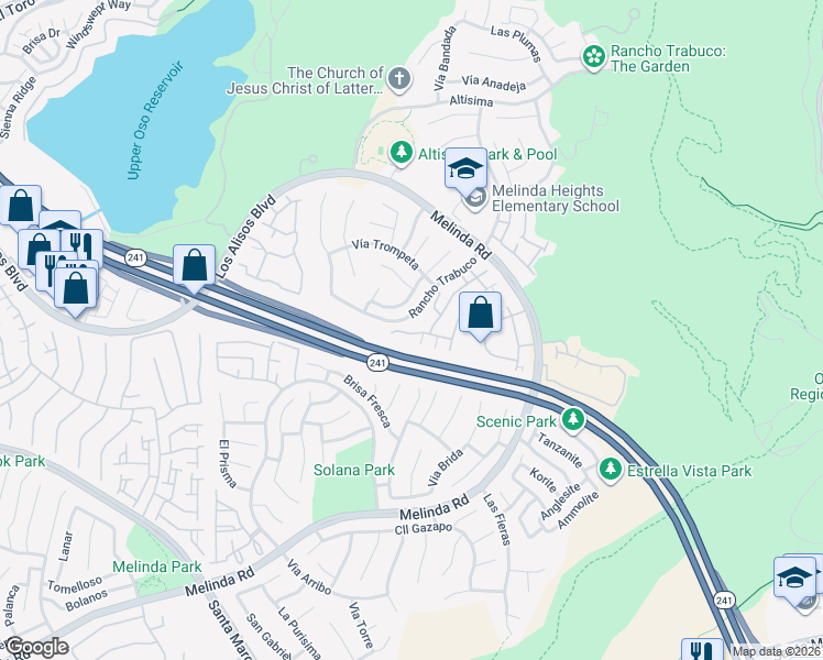 map of restaurants, bars, coffee shops, grocery stores, and more near 2 Tierra Seguro in Rancho Santa Margarita