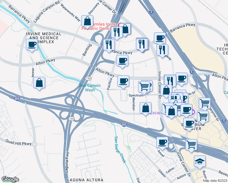 map of restaurants, bars, coffee shops, grocery stores, and more near 16000 Spectrum in Irvine