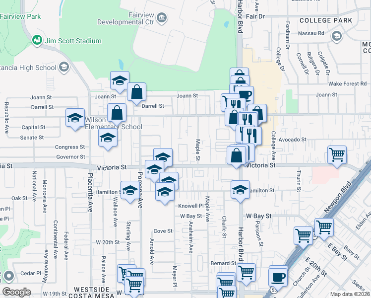 map of restaurants, bars, coffee shops, grocery stores, and more near 603 San Michel Drive North in Costa Mesa