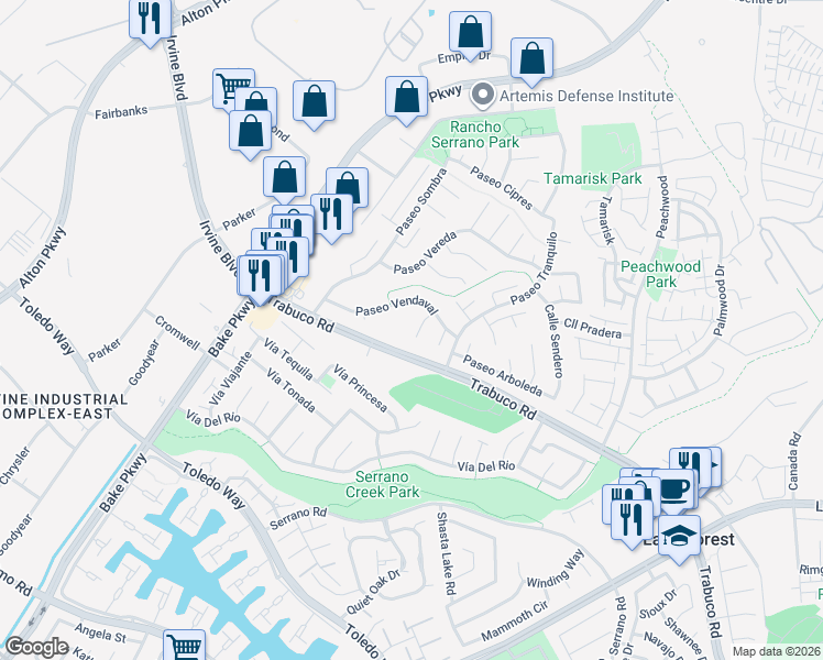 map of restaurants, bars, coffee shops, grocery stores, and more near 24755 Trabuco Road in Lake Forest