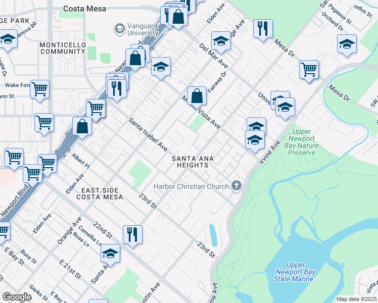 map of restaurants, bars, coffee shops, grocery stores, and more near 281 Brentwood Place in Costa Mesa