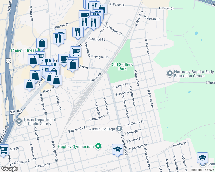 map of restaurants, bars, coffee shops, grocery stores, and more near 1510 North Grand Avenue in Sherman