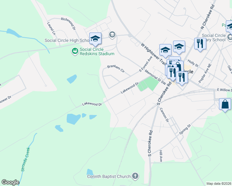 map of restaurants, bars, coffee shops, grocery stores, and more near 438 Lakewood Drive in Social Circle