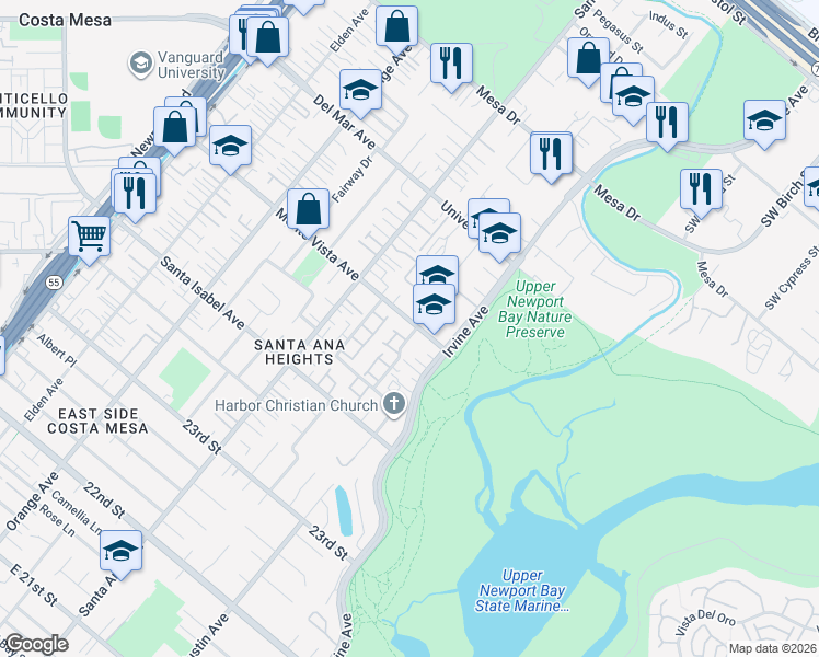map of restaurants, bars, coffee shops, grocery stores, and more near 365 Monte Vista Avenue in Costa Mesa