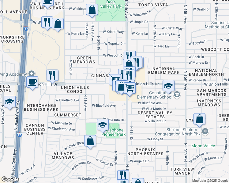 map of restaurants, bars, coffee shops, grocery stores, and more near 18420 North 19th Avenue in Phoenix