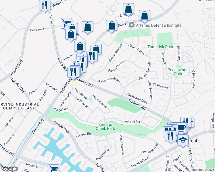 map of restaurants, bars, coffee shops, grocery stores, and more near 24755 Trabuco Rd in Lake Forest