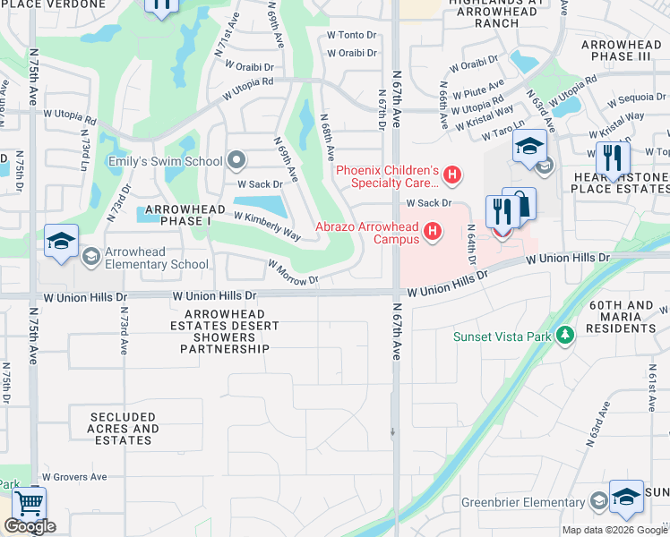 map of restaurants, bars, coffee shops, grocery stores, and more near 6768 West Morrow Drive in Glendale