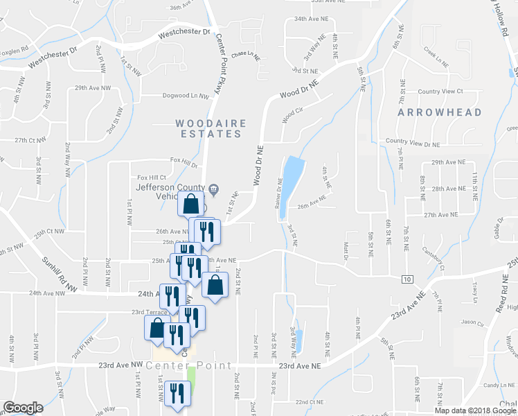 map of restaurants, bars, coffee shops, grocery stores, and more near 2621 Wood Drive Northeast in Center Point