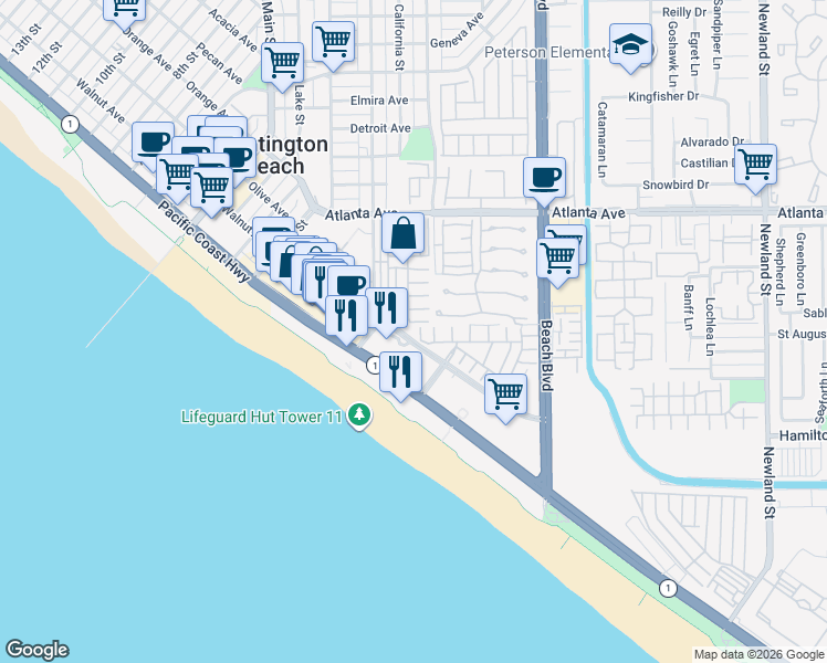 map of restaurants, bars, coffee shops, grocery stores, and more near 21245 Alanis Circle in Huntington Beach