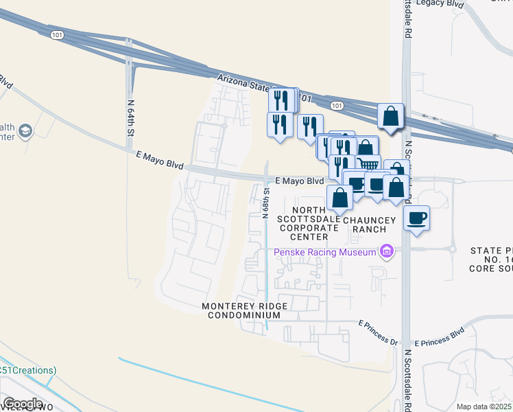 map of restaurants, bars, coffee shops, grocery stores, and more near 18440 North 68th Street in Phoenix