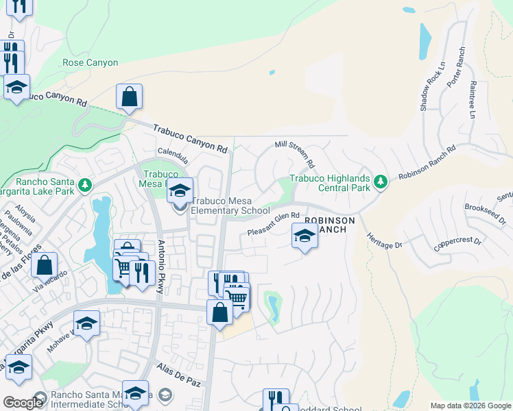 map of restaurants, bars, coffee shops, grocery stores, and more near 31912 Old Hickory Road in Trabuco Canyon