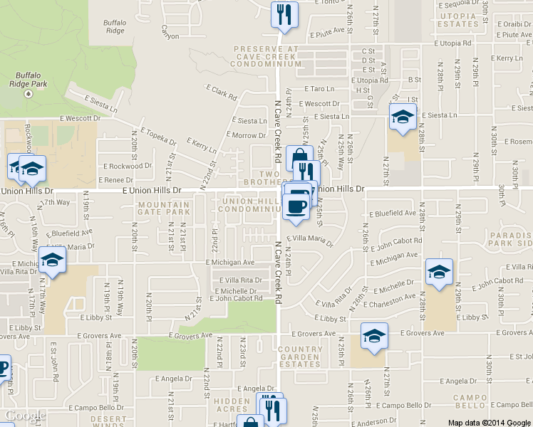 map of restaurants, bars, coffee shops, grocery stores, and more near 18416 North Cave Creek Road in Phoenix
