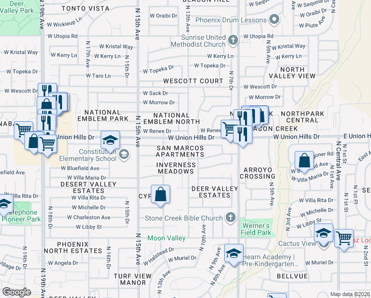 map of restaurants, bars, coffee shops, grocery stores, and more near 18429 North 11th Avenue in Phoenix