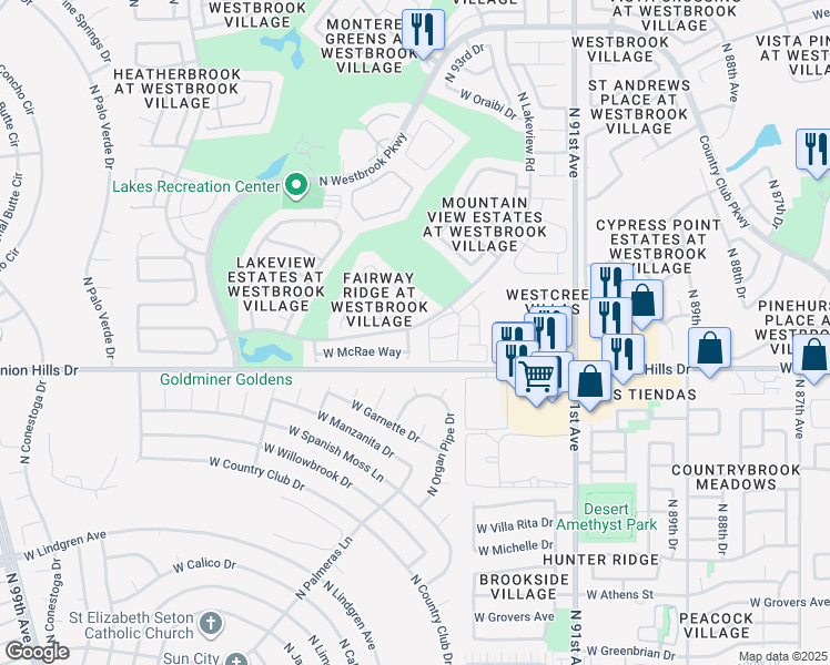 map of restaurants, bars, coffee shops, grocery stores, and more near 9411 West Morrow Drive in Peoria