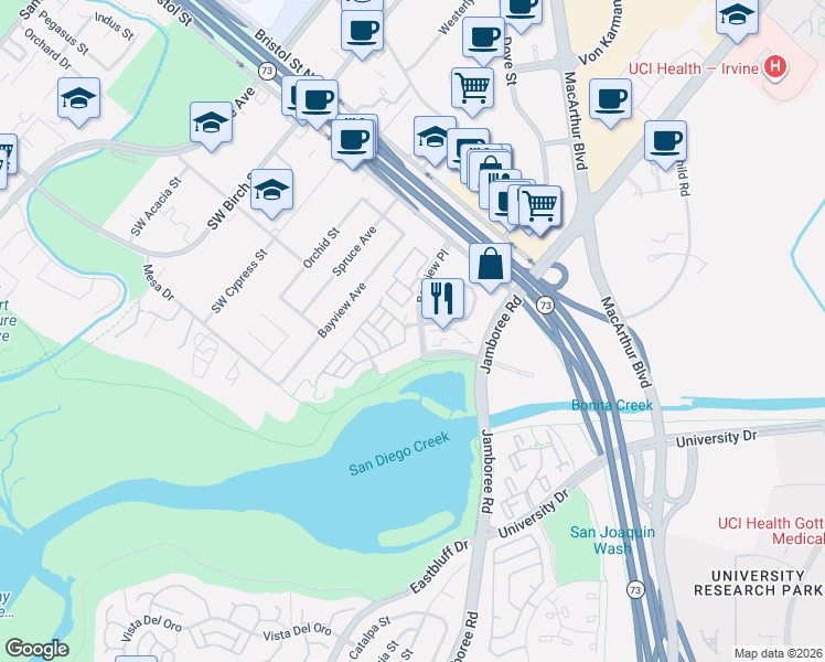 map of restaurants, bars, coffee shops, grocery stores, and more near 36 Gannet Lane in Newport Beach