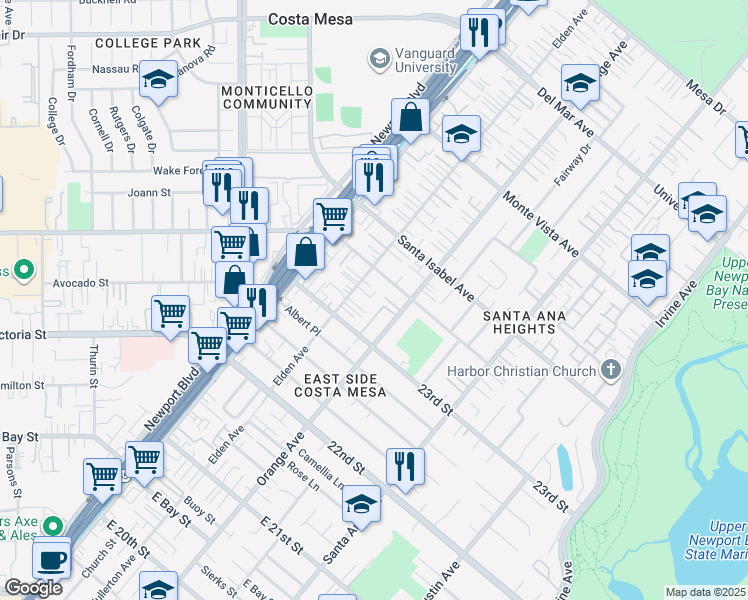 map of restaurants, bars, coffee shops, grocery stores, and more near 198 Brandywyne Terrace in Costa Mesa