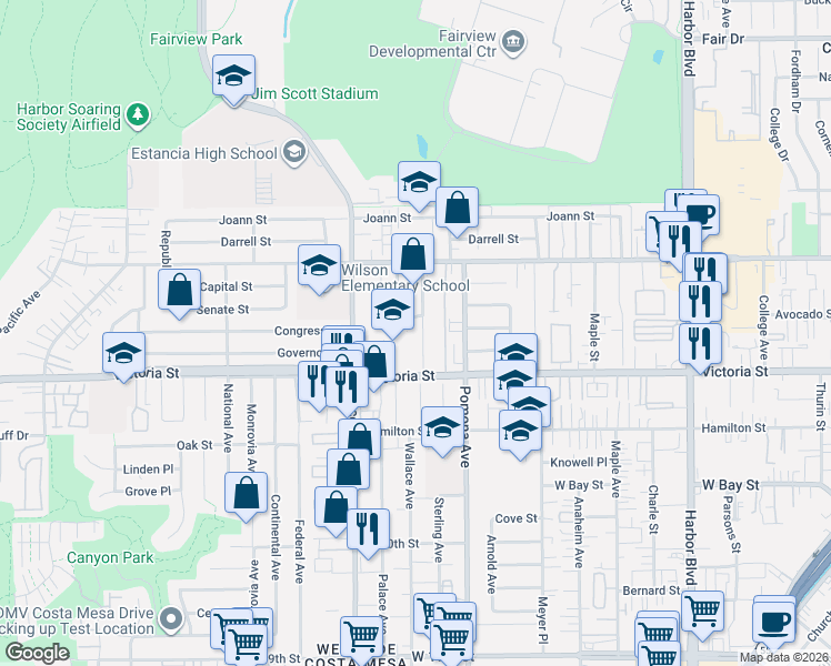 map of restaurants, bars, coffee shops, grocery stores, and more near 2199 Raleigh Avenue in Costa Mesa