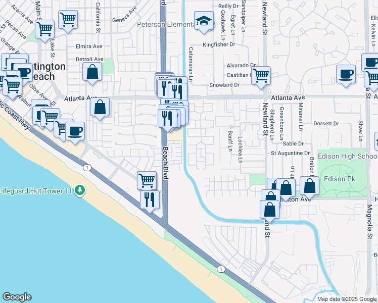 map of restaurants, bars, coffee shops, grocery stores, and more near 21242 Weathersfield Lane in Huntington Beach