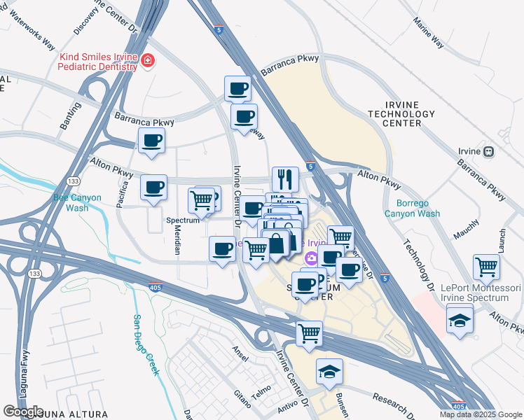 map of restaurants, bars, coffee shops, grocery stores, and more near 300 Spectrum Center Drive in Irvine