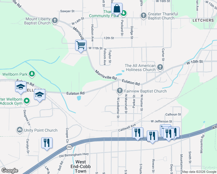 map of restaurants, bars, coffee shops, grocery stores, and more near 3201 Eulaton Road in Anniston