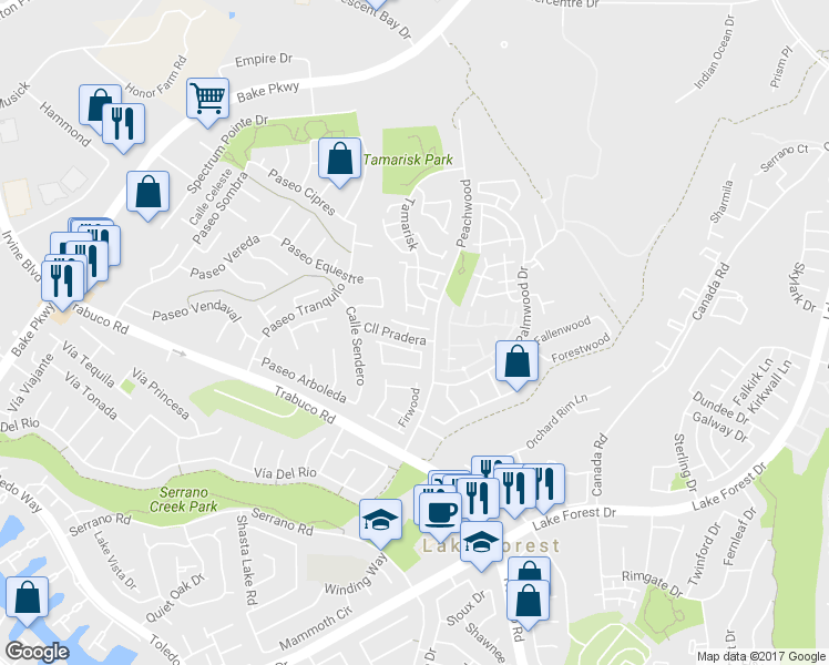 map of restaurants, bars, coffee shops, grocery stores, and more near 25291 Tanoak Lane in Lake Forest