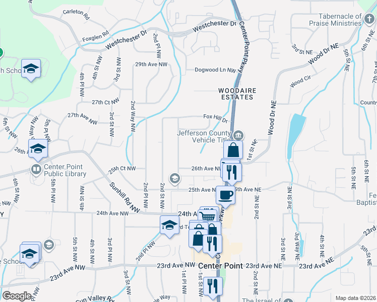 map of restaurants, bars, coffee shops, grocery stores, and more near 2639 1st Place Northwest in Center Point
