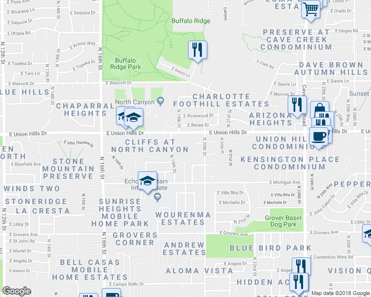 map of restaurants, bars, coffee shops, grocery stores, and more near 1930 East Wagoner Road in Phoenix