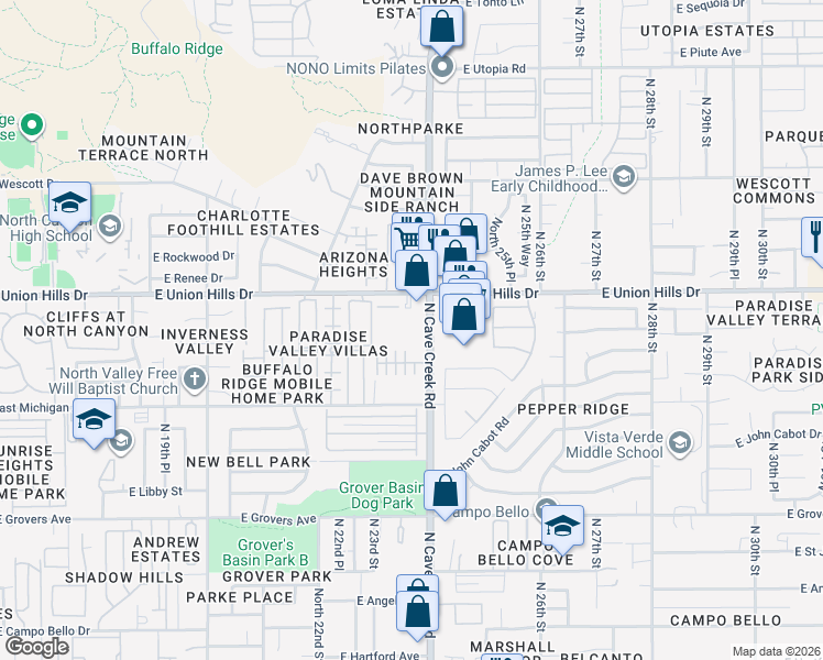 map of restaurants, bars, coffee shops, grocery stores, and more near 18416 North Cave Creek Road in Phoenix