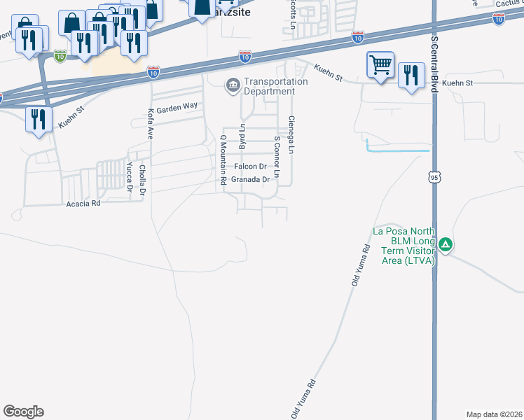 map of restaurants, bars, coffee shops, grocery stores, and more near Milner Lane in Quartzsite