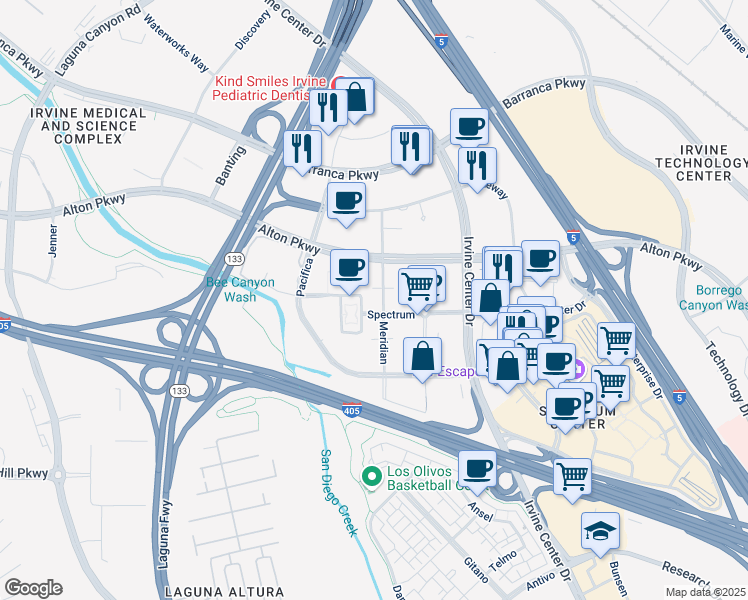 map of restaurants, bars, coffee shops, grocery stores, and more near 7123 Spectrum in Irvine