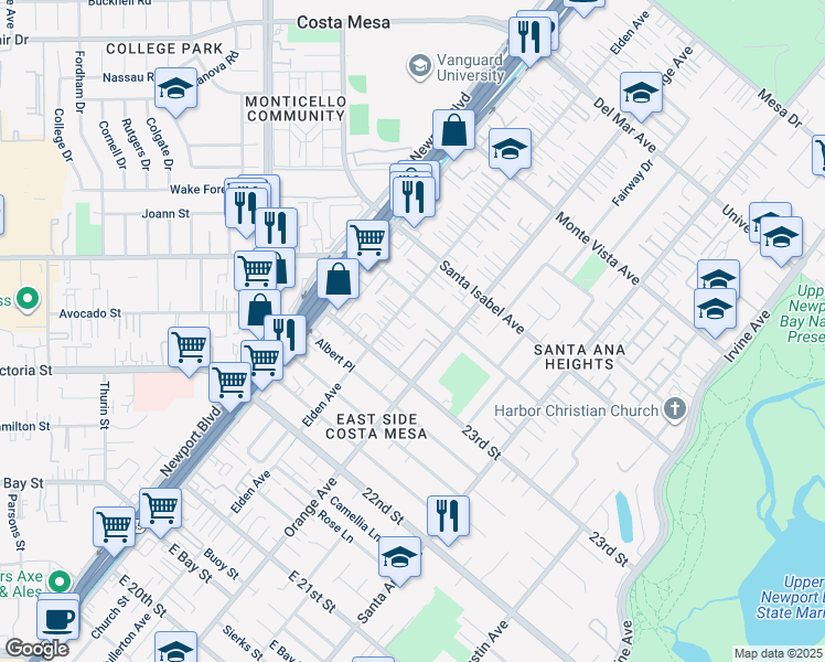 map of restaurants, bars, coffee shops, grocery stores, and more near 2336 Elden Avenue in Costa Mesa