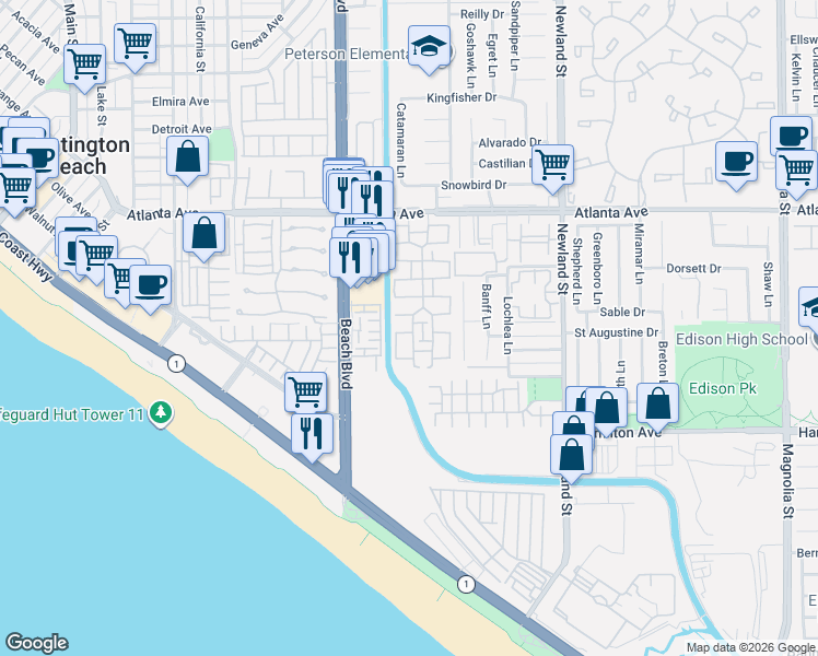 map of restaurants, bars, coffee shops, grocery stores, and more near 8145 Ridgefield Drive in Huntington Beach