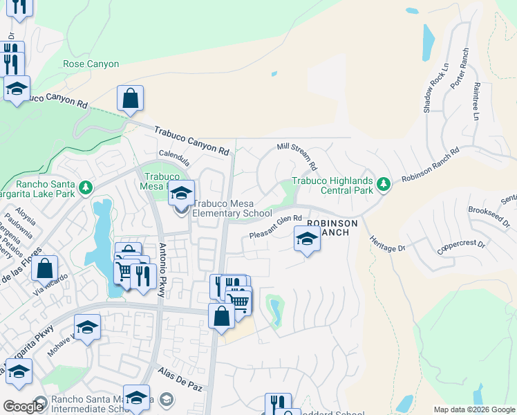 map of restaurants, bars, coffee shops, grocery stores, and more near 31912 Old Hickory Road in Trabuco Canyon