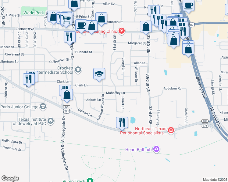 map of restaurants, bars, coffee shops, grocery stores, and more near 3095 Mahaffey Lane in Paris