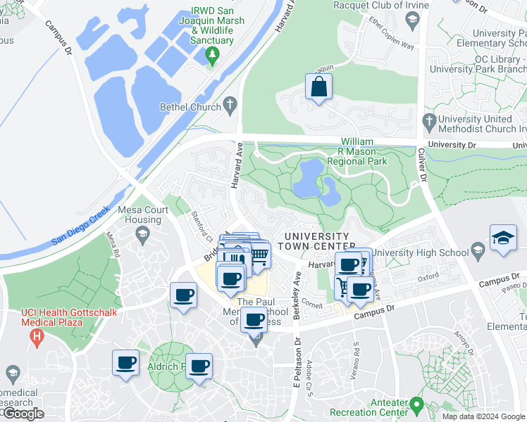 map of restaurants, bars, coffee shops, grocery stores, and more near 45 Lehigh Aisle in Irvine