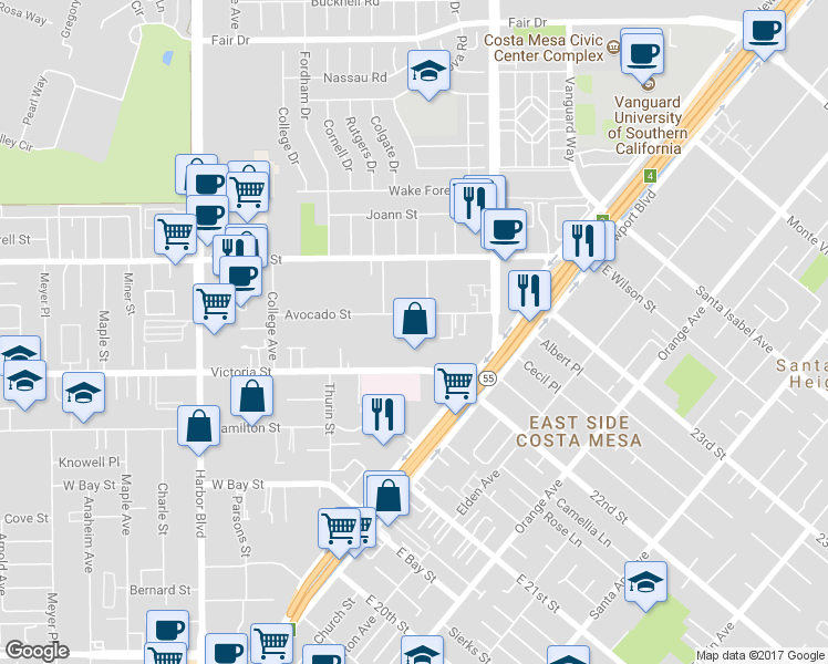 map of restaurants, bars, coffee shops, grocery stores, and more near 271 Avocado St in Costa Mesa