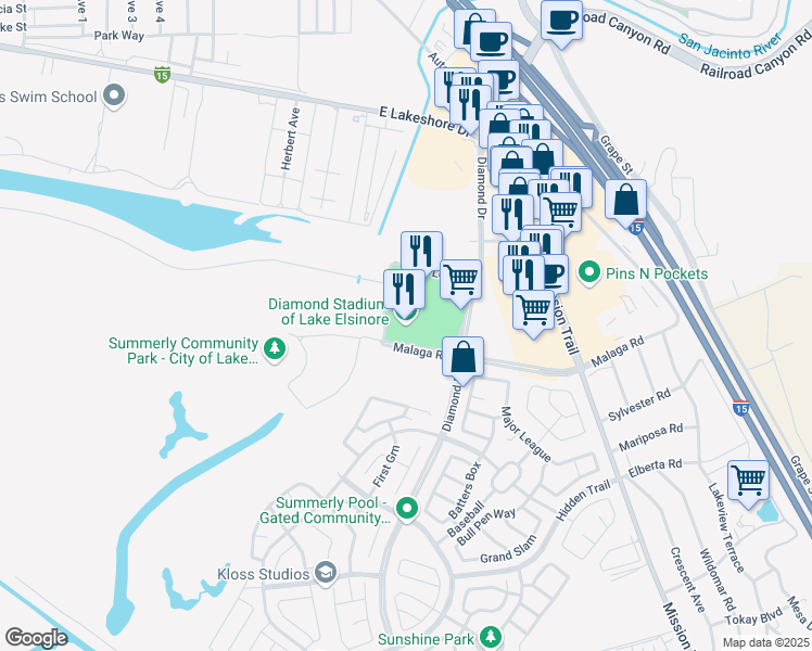 map of restaurants, bars, coffee shops, grocery stores, and more near 500 Diamond Drive in Lake Elsinore