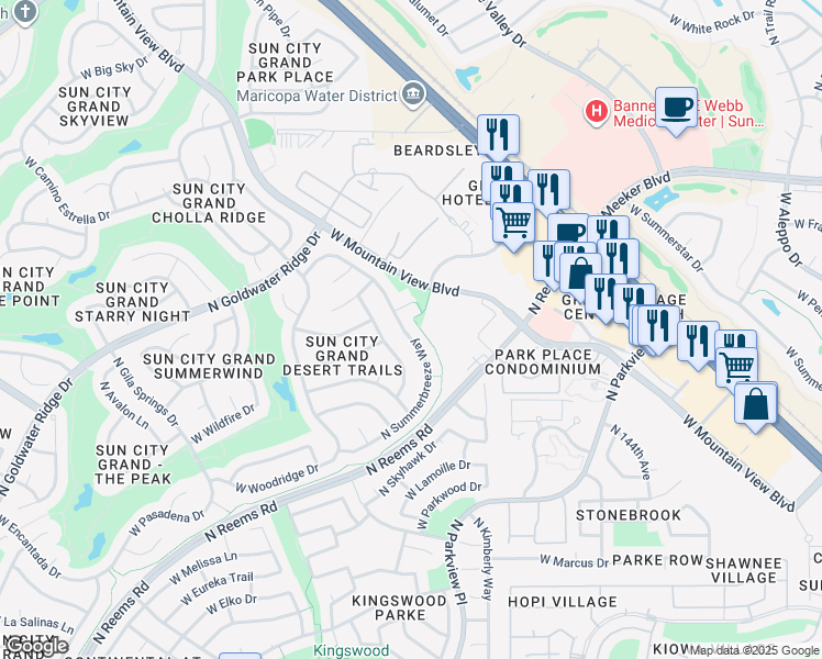 map of restaurants, bars, coffee shops, grocery stores, and more near 18627 North Summerbreeze Way in Surprise