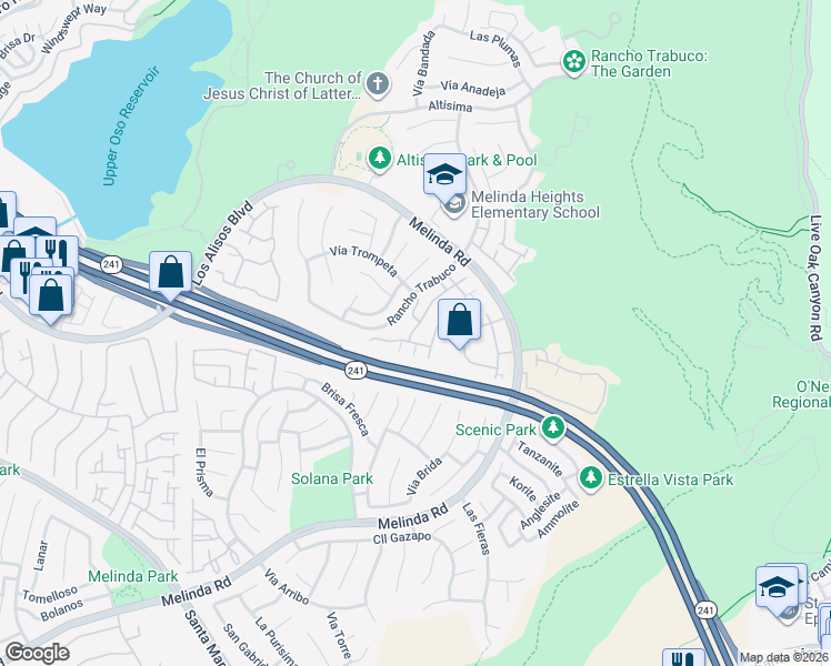 map of restaurants, bars, coffee shops, grocery stores, and more near 43 Tierra Seguro in Rancho Santa Margarita