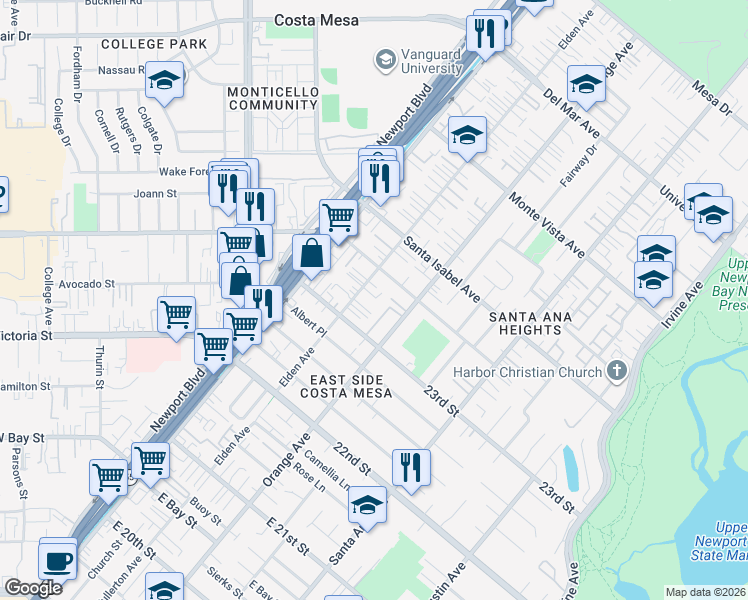 map of restaurants, bars, coffee shops, grocery stores, and more near 2332 Elden Avenue in Costa Mesa