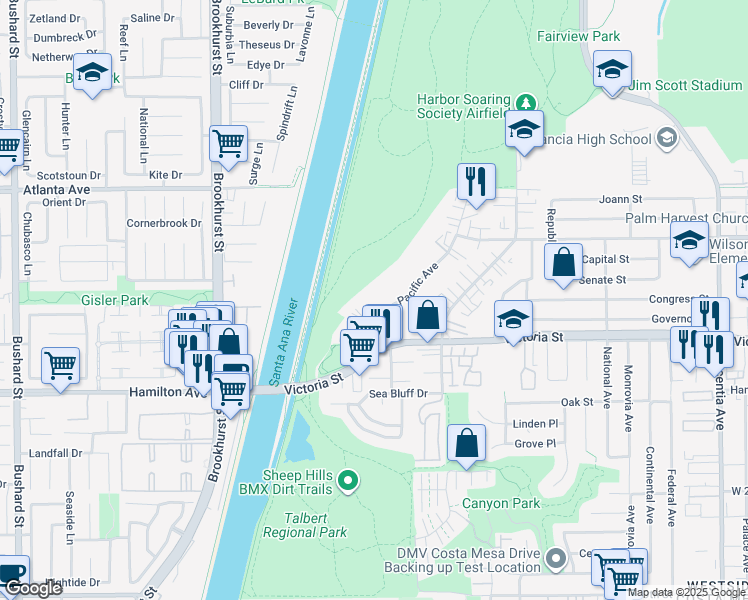 map of restaurants, bars, coffee shops, grocery stores, and more near in Costa Mesa