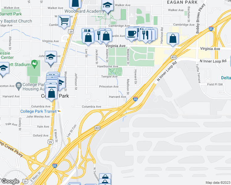 map of restaurants, bars, coffee shops, grocery stores, and more near 3709 Myrtle Street in Atlanta