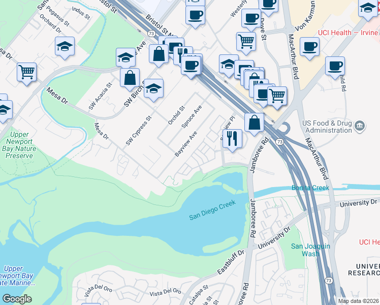 map of restaurants, bars, coffee shops, grocery stores, and more near 57 Shearwater Place in Newport Beach