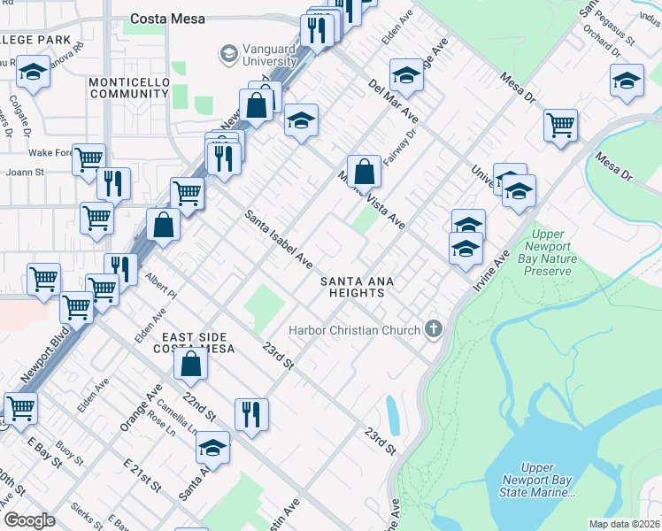 map of restaurants, bars, coffee shops, grocery stores, and more near 2408 Carlton Place in Costa Mesa